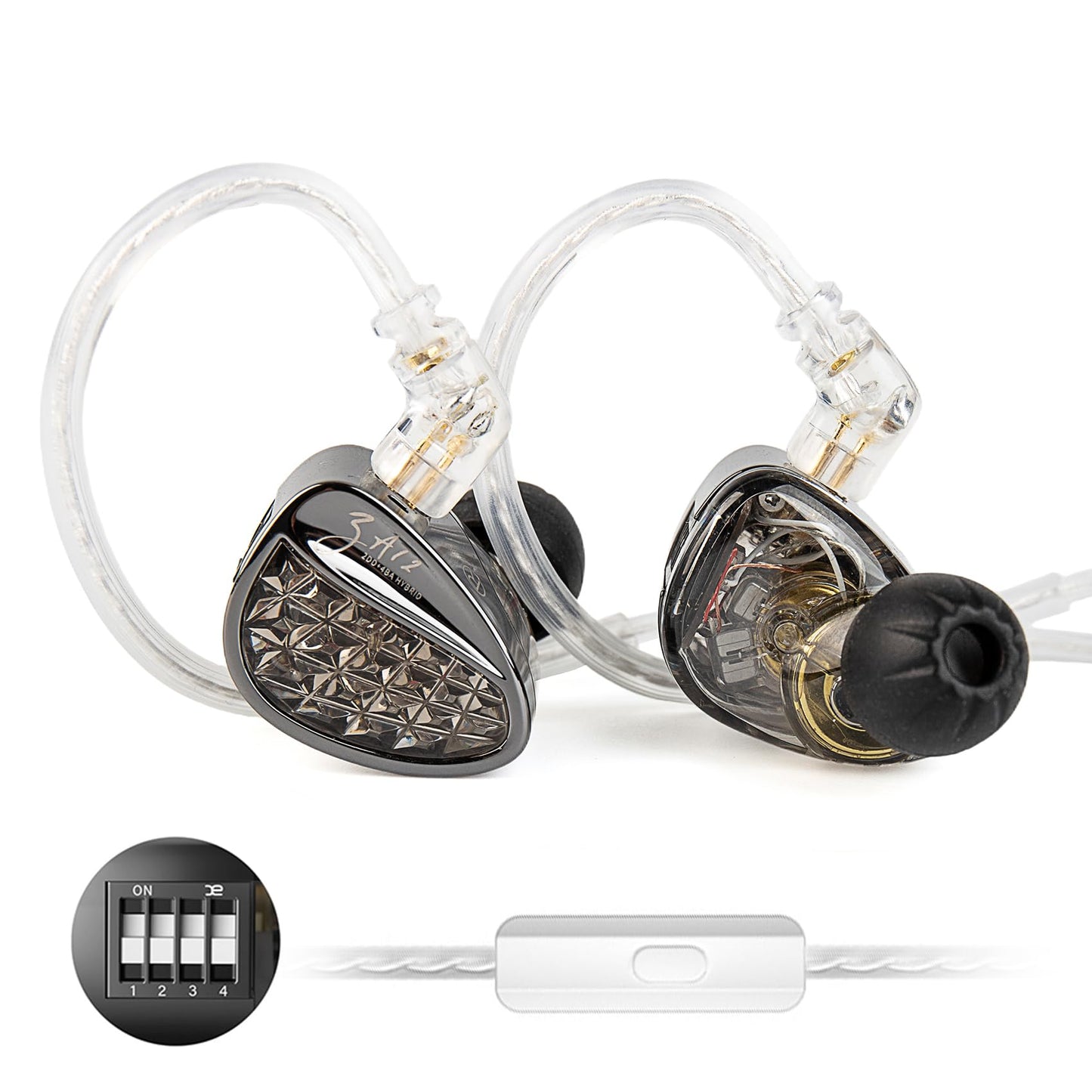 Casti KZ Acoustics ZA12, drivere hibride 2DD+4BA pentru gaming, monitor, reglabil cu comutator de reglare pe 4 niveluri, HIFI cu 6 drivere pentru audiofili, versiune reglabila, cu microfon, Negru