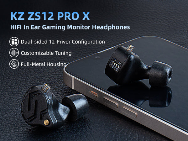 Casti KZ ZS12 PRO X cu fir, monitor intraauricular, IEM pentru gaming, hibride 5BA+1DD cu driver cu comutator de reglare pe 4 niveluri, complet metal, cablu detasabil, Micfrofon HD, Negru