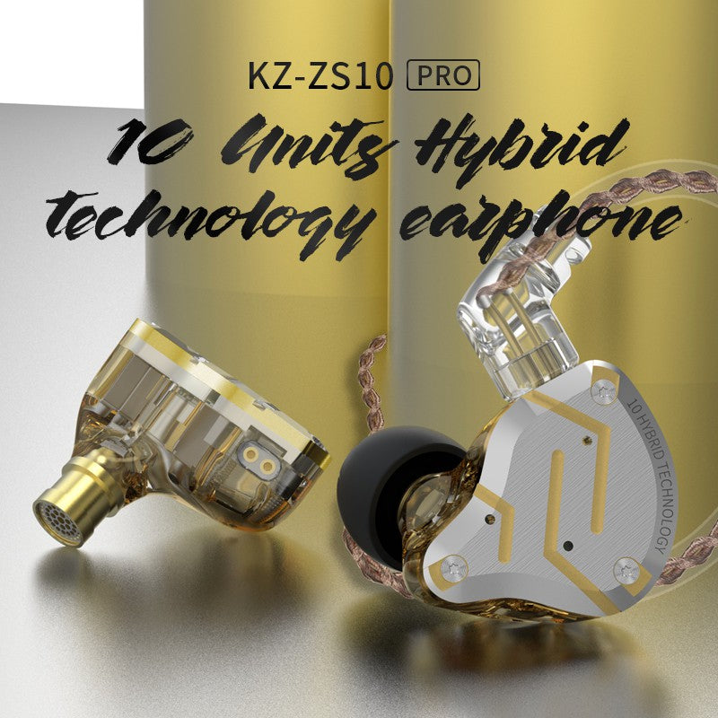 Headphones KZ ZS10 Pro Gold, 4BA+1DD Hybrid 10 drivers, HIFI bass, Monitor, metallic, with HD microphone noise cancellation