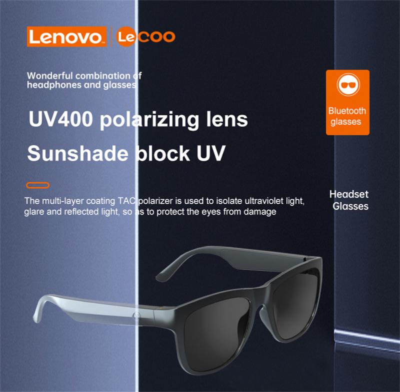 Lenovo Lecoo C8 Smart-Kopfhörer/Sonnenbrille, HIFI Wireless Bluetooth 5.0 EDR, Anruf, HD-Mikrofon, UV400 polarisiert, Schwarz 